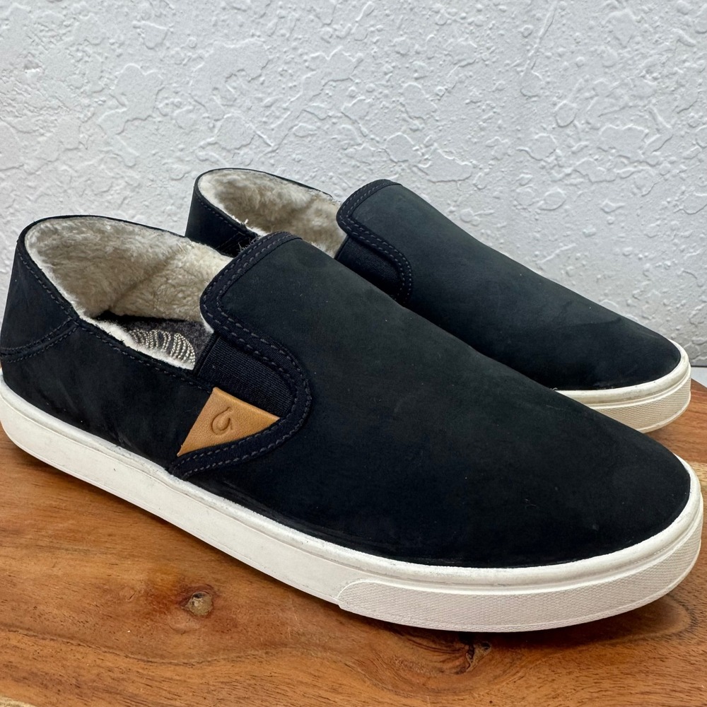 OluKai Pehuea Heu Womens Black Leather Shearling Lined Slip On Shoes W7